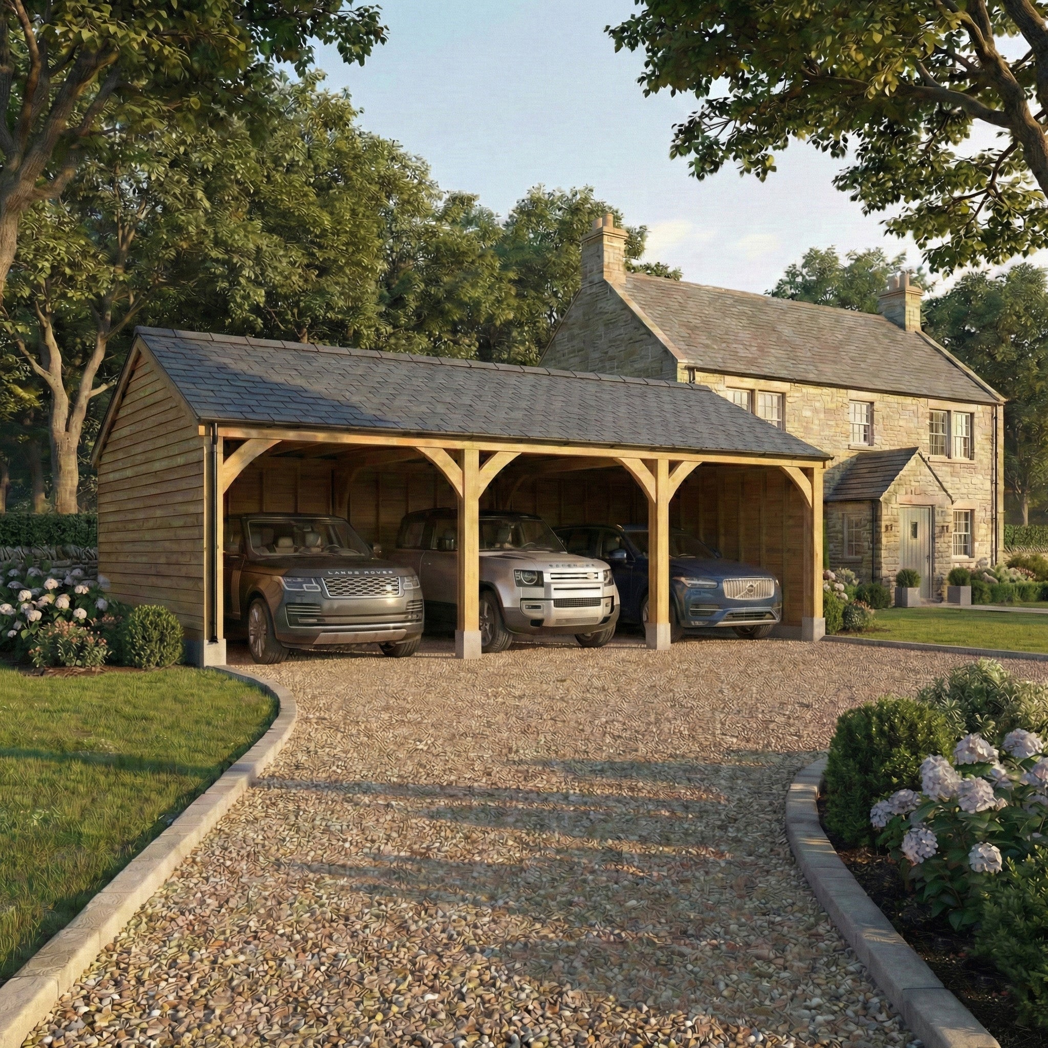 Fully Installed Slate Roof Oak Car Port | Triple Bay | Planed European Oak