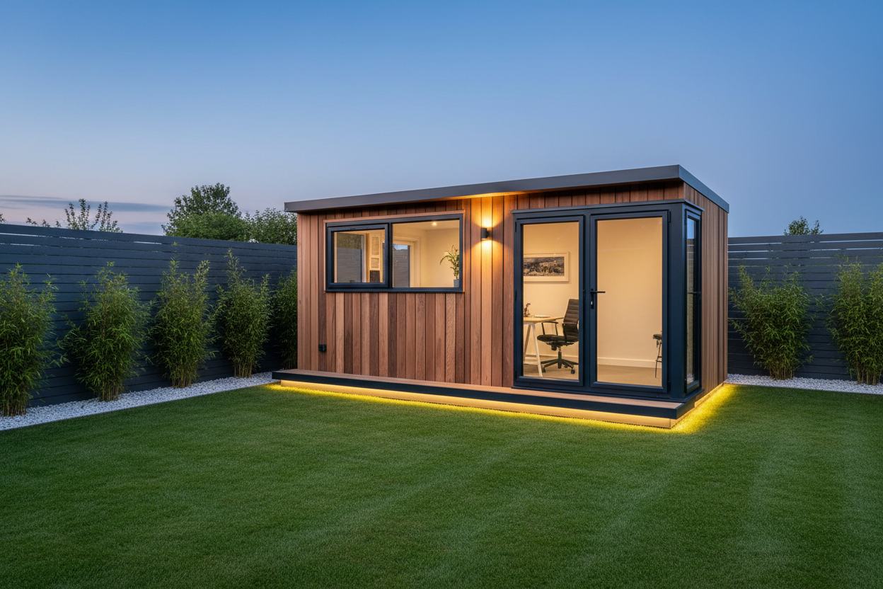 All natural cedar vertical - minimalist garden at dusk