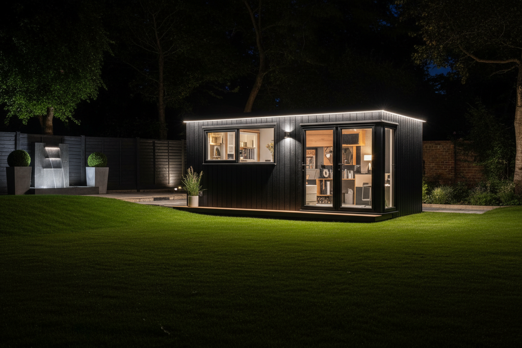 Anthracite black vertical with cedar accents - dramatic night lighting