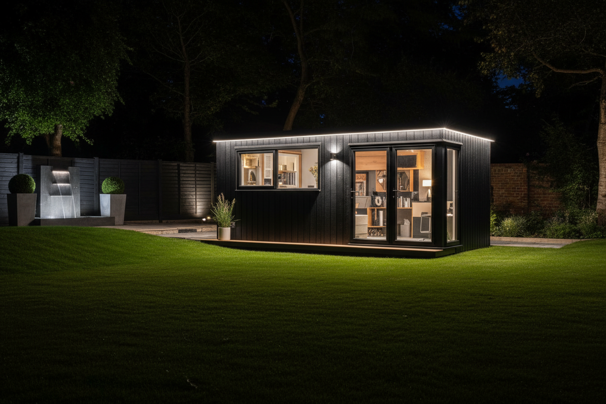 Anthracite black vertical with cedar accents - dramatic night lighting