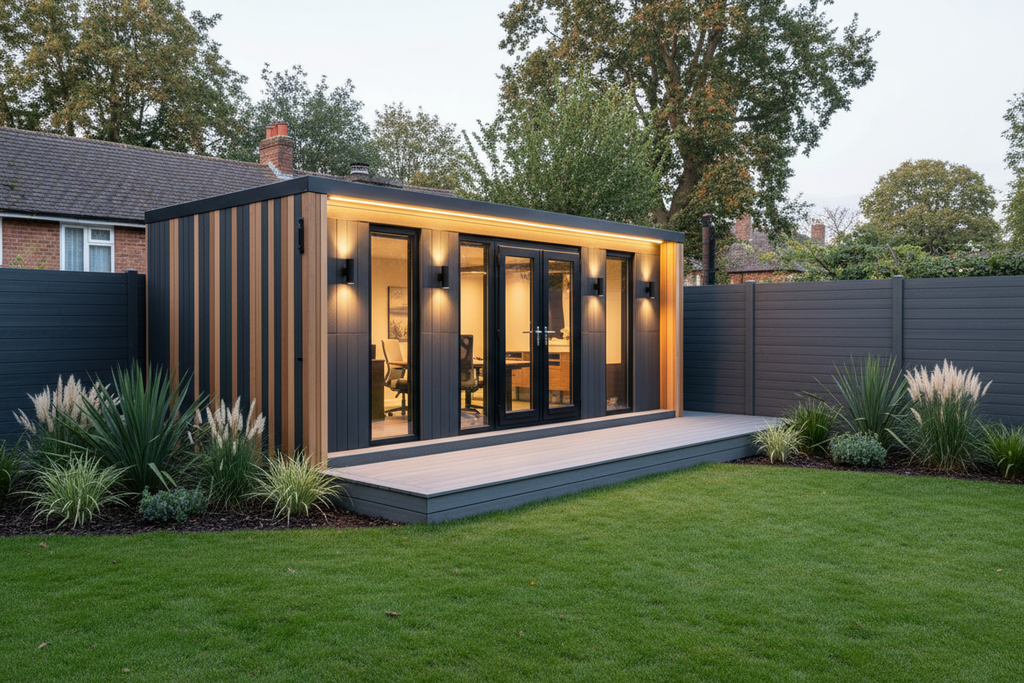 Charcoal grey 5x3.6m horizontal cladding with LED lights