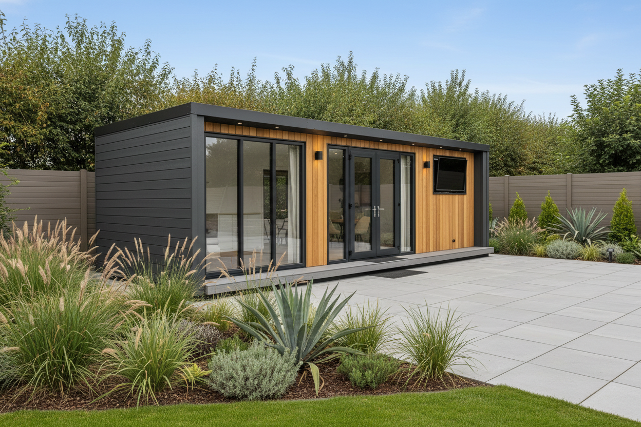 Charcoal grey horizontal cladding with exterior lights