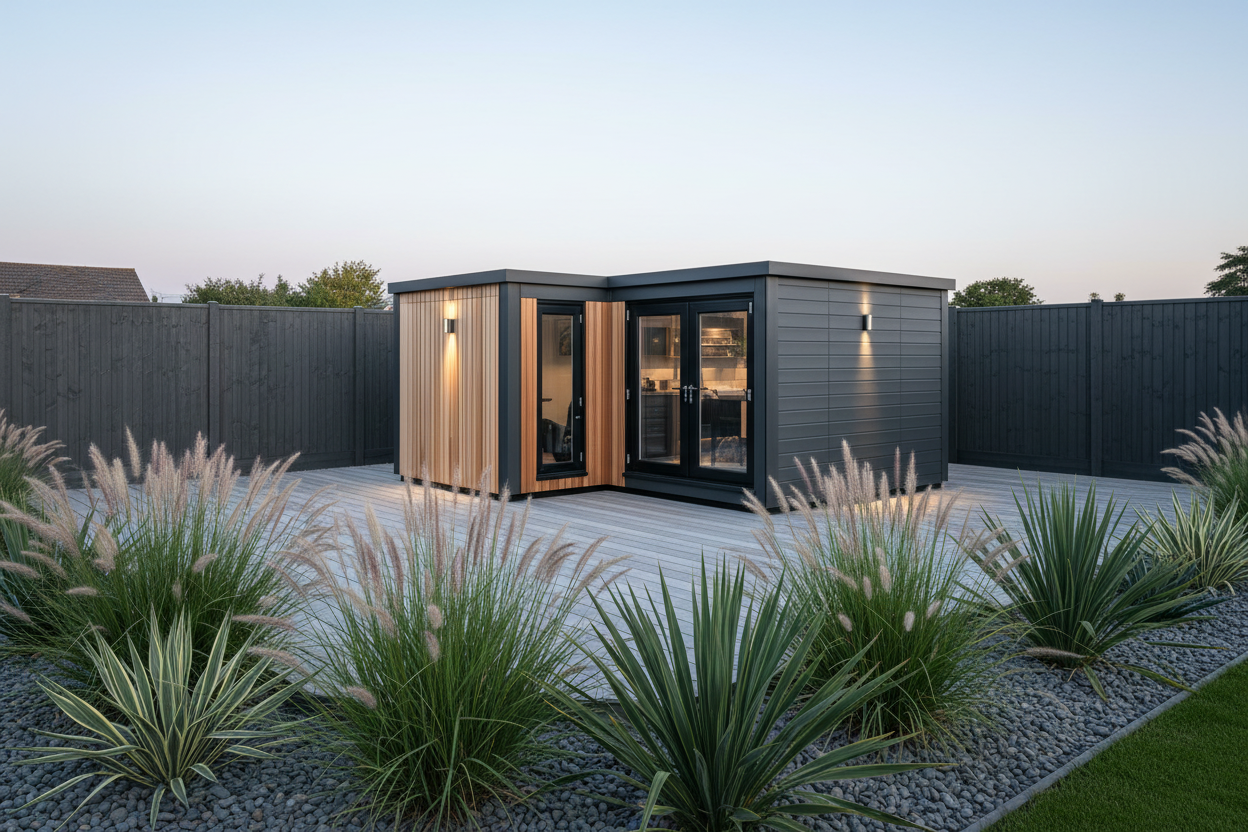 Charcoal grey horizontal cladding with exterior lights