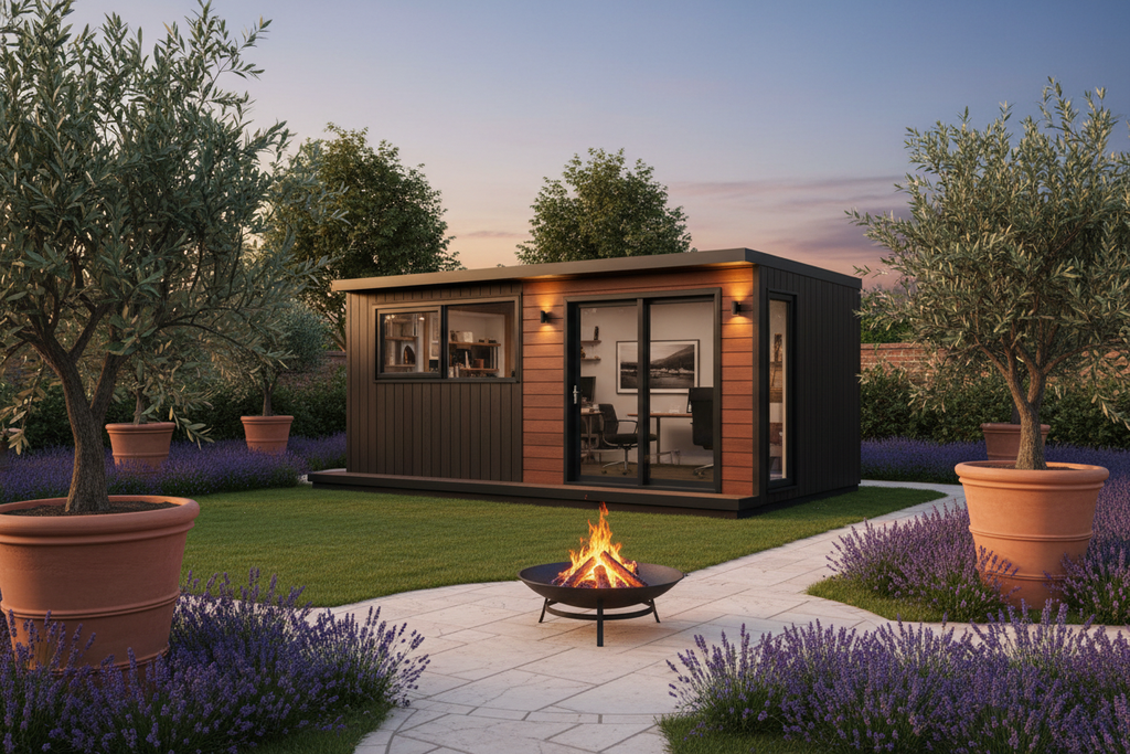 Dark brown & terracotta - Mediterranean garden with fire pit