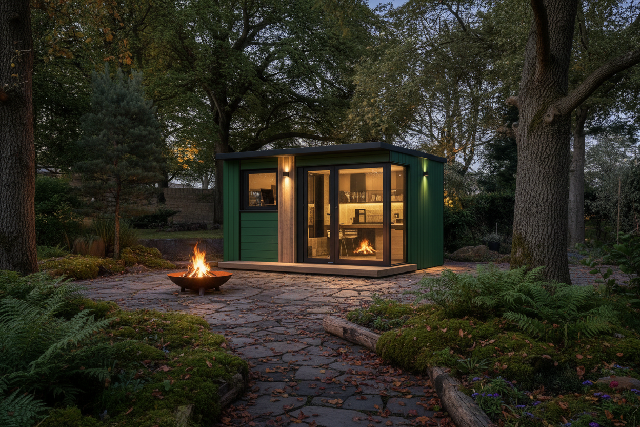 Forest green & reclaimed wood - woodland garden with fire pit