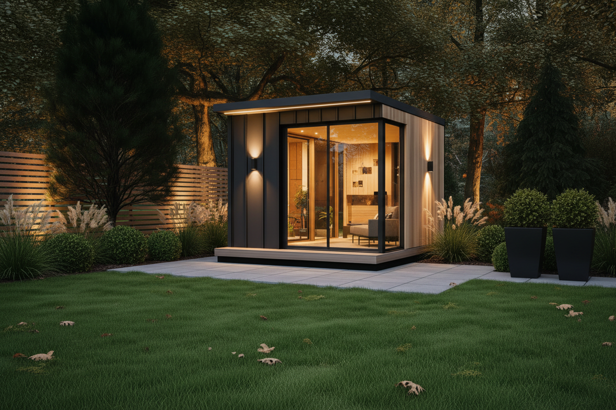 Garden pod with single glass panel - dark brown cladding
