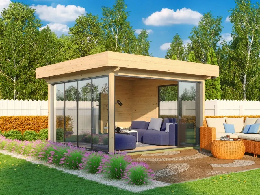 Glass Pavilion 44C | 3.71m x 3.71m Log Cabin | Pool Room | Aluminium Sliding Doors | Fully Installed | Mainland UK