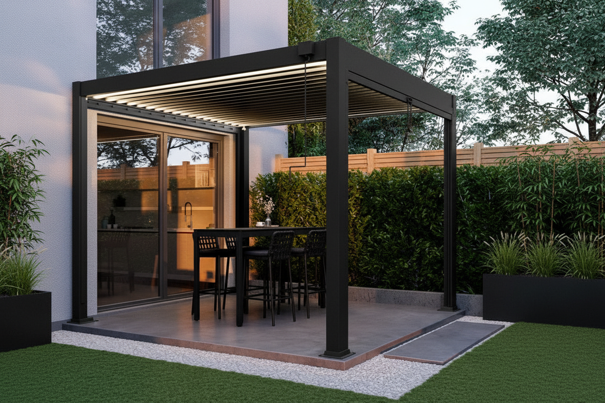 Freestanding aluminium louvred pergola on composite deck