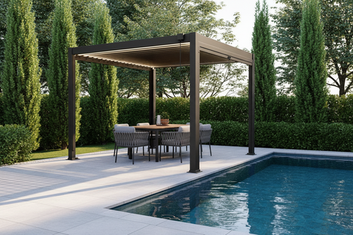 Freestanding aluminium louvred pergola poolside