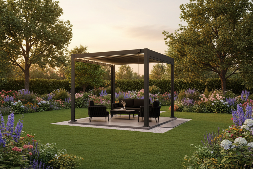 Freestanding aluminium louvred pergola in English garden