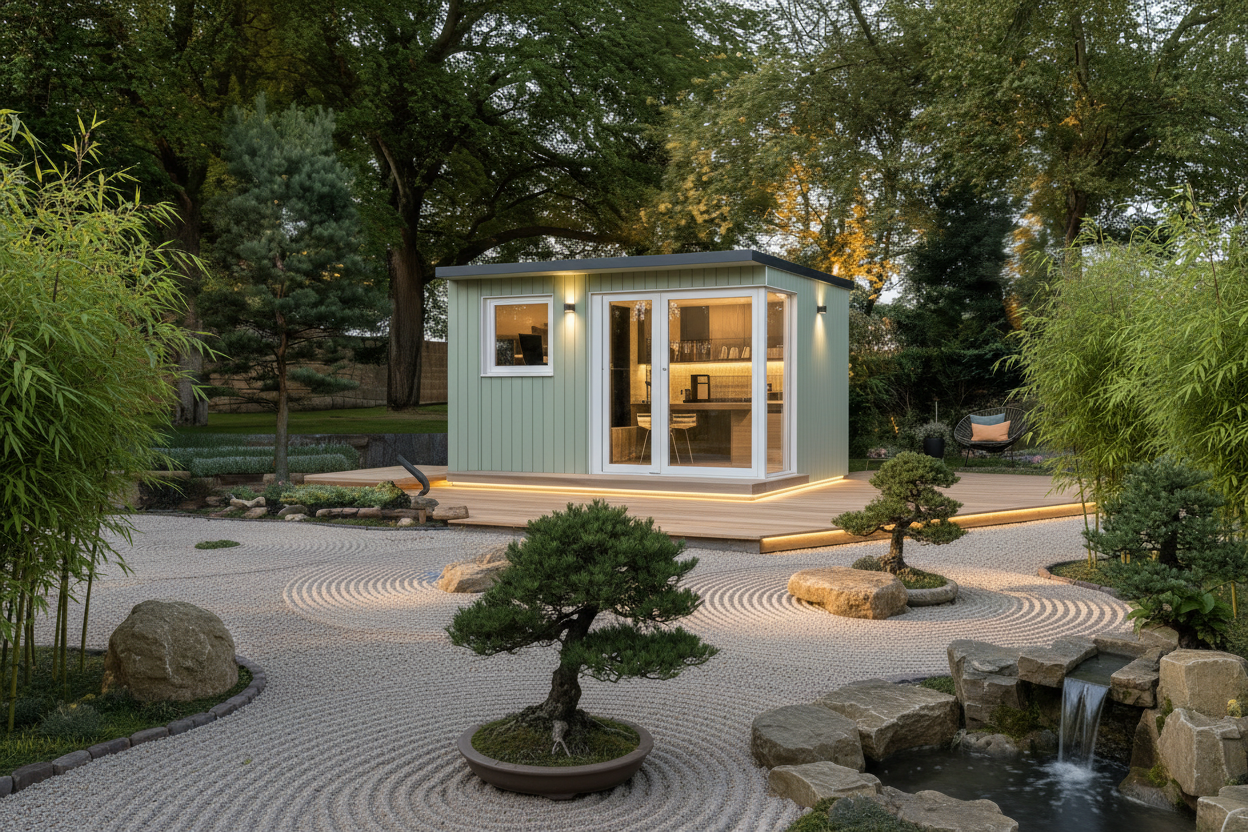Light sage & pale birch - Japanese-inspired garden morning