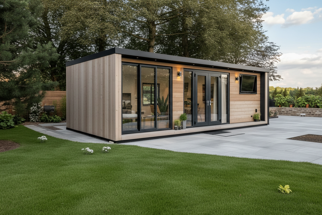 Natural cedar horizontal cladding with exterior lights