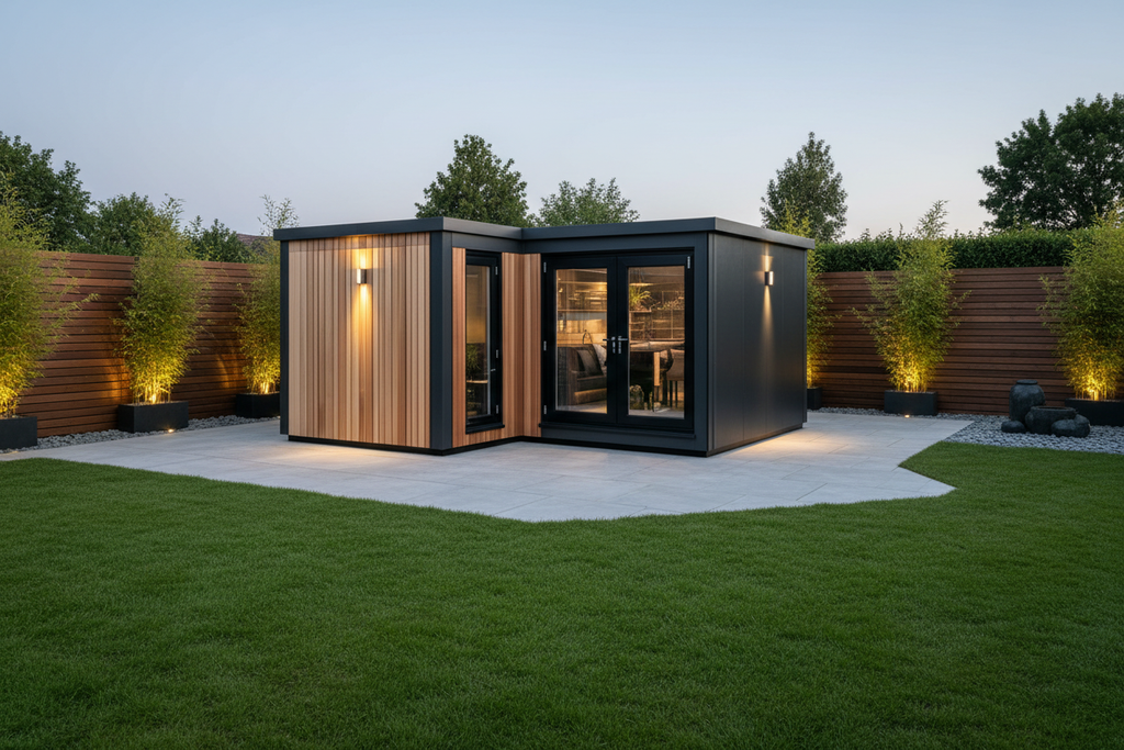 Natural cedar horizontal cladding with exterior lights