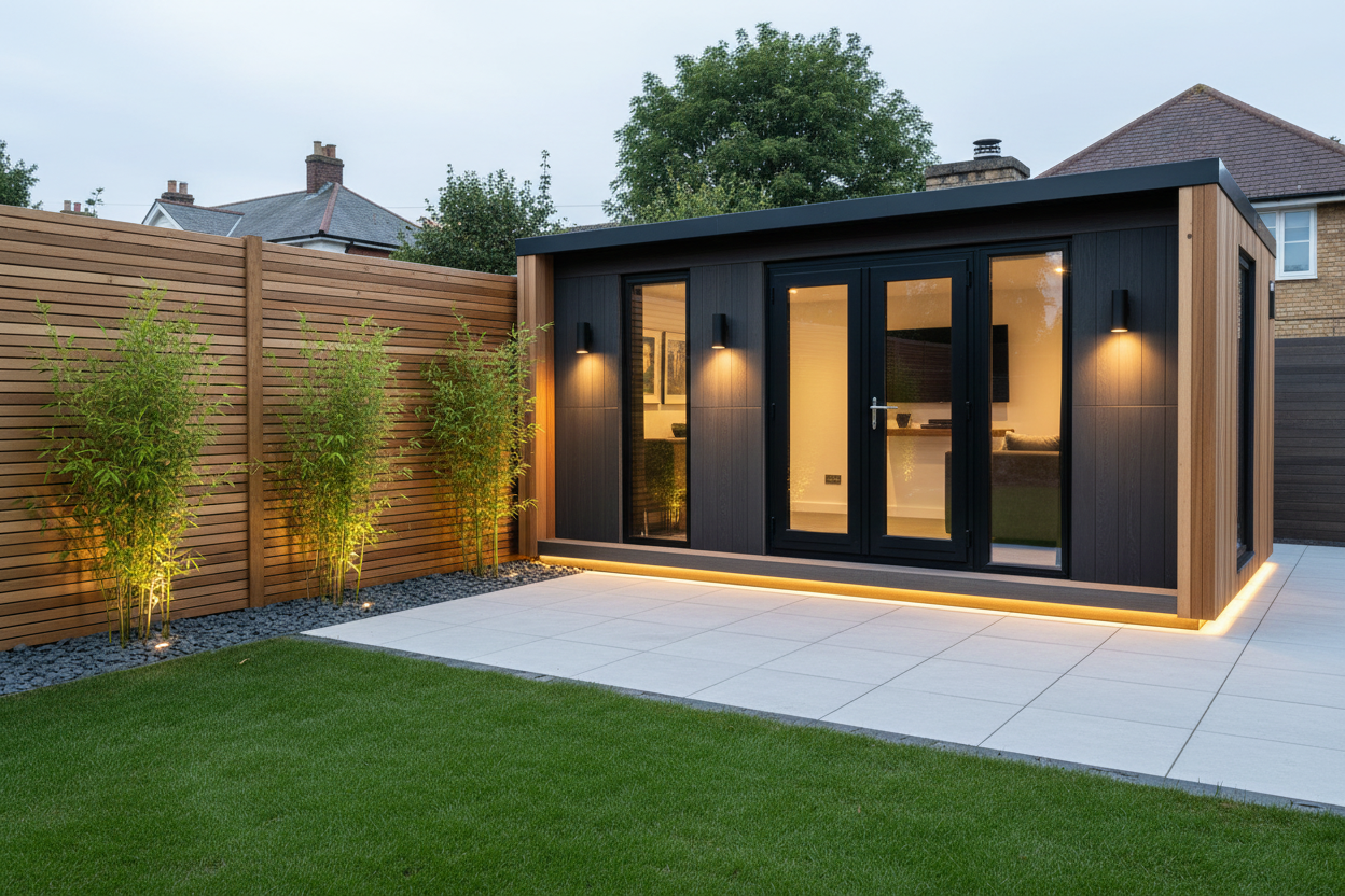 Natural wood 5x3.6m horizontal cladding with base LEDs