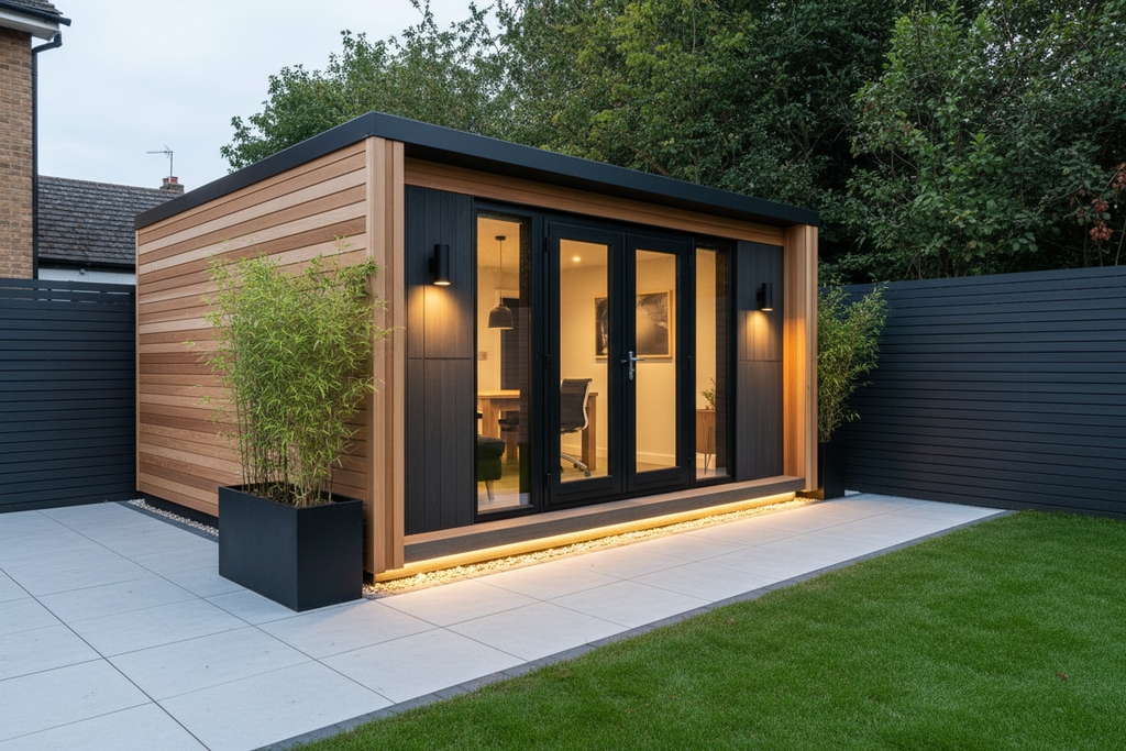Natural wood horizontal cladding with base LED lights