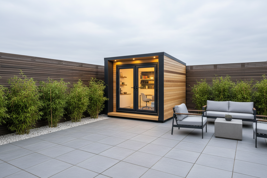 Natural wood - horizontal slat fencing & porcelain tiles