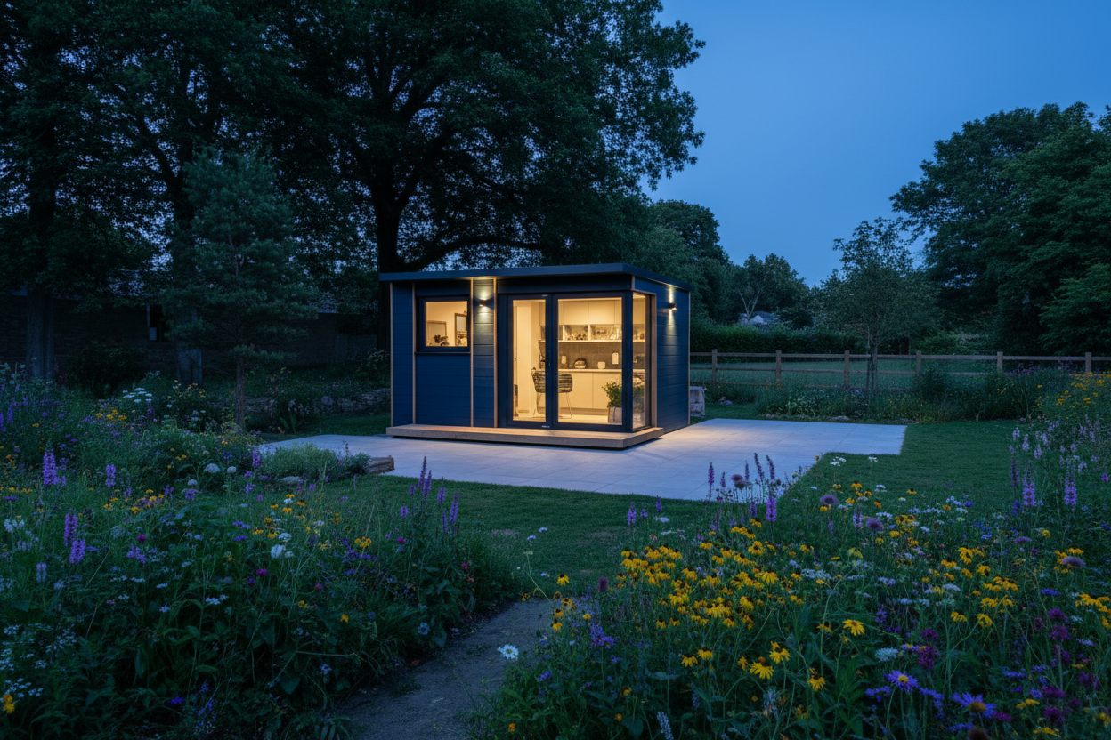 Navy blue horizontal with golden oak - country garden at dusk