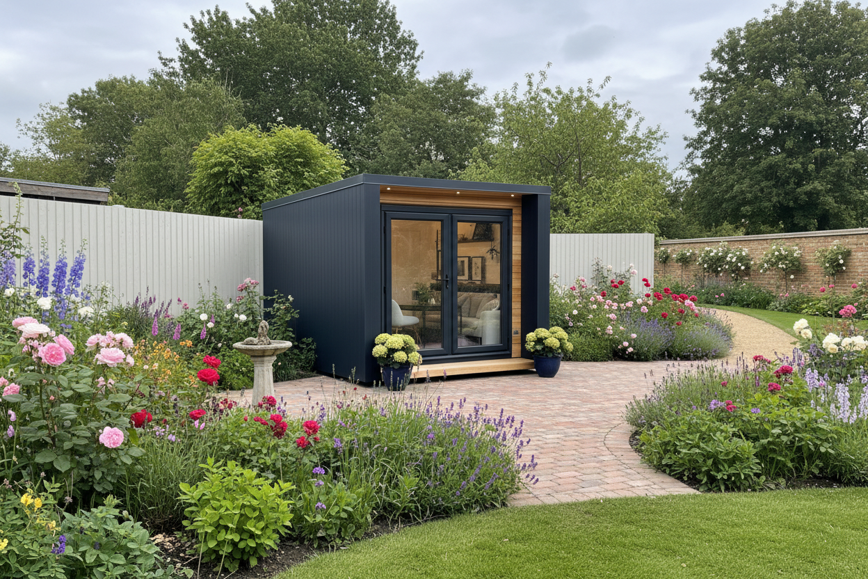 Navy blue - painted vertical boards & brick pavers