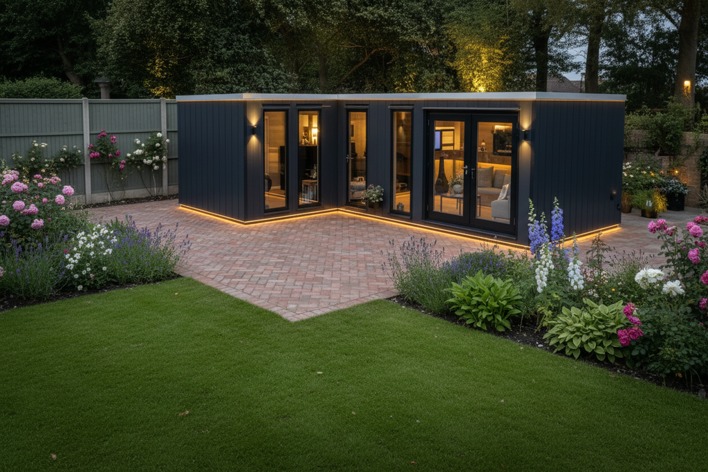 Navy blue vertical cladding with exterior lights
