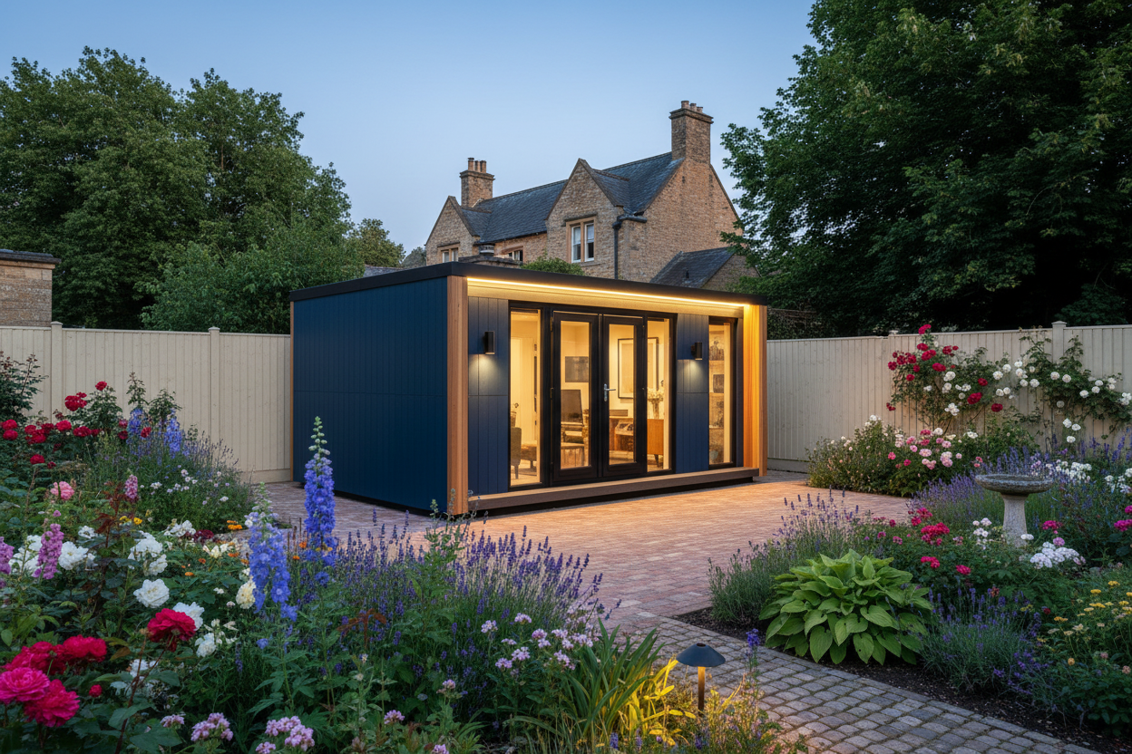 Navy blue vertical cladding with LED strip lights