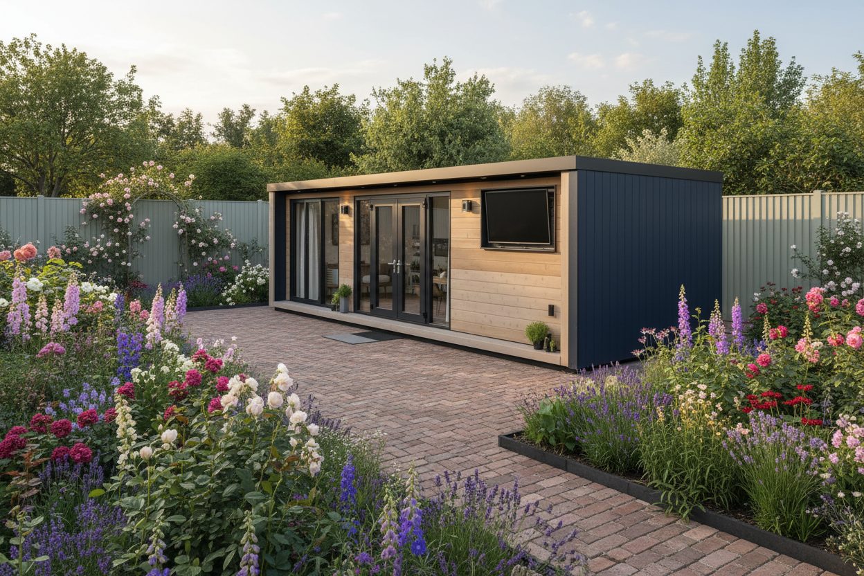 Navy blue vertical cladding with wall lights