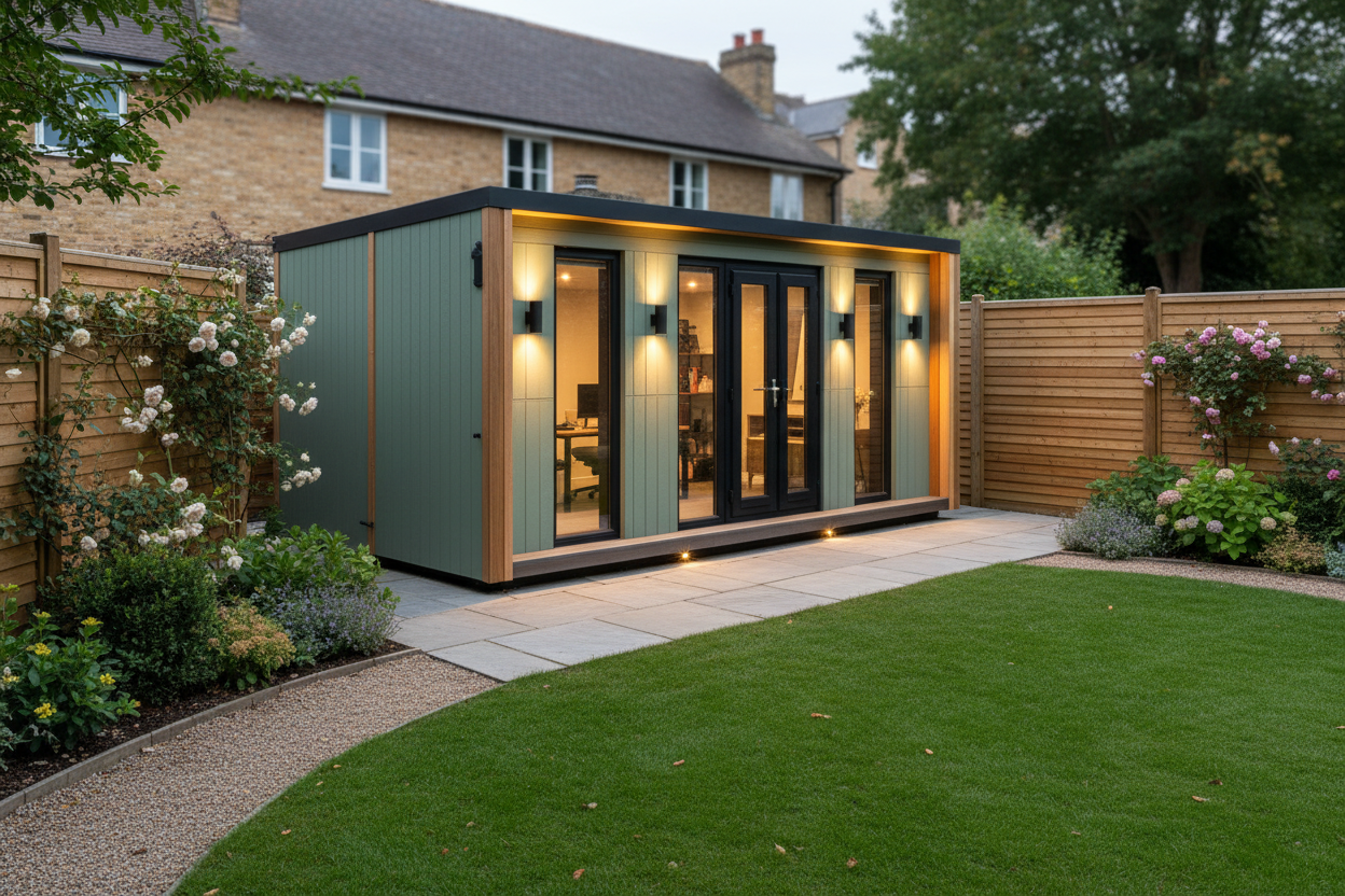 Sage green 5x3.6m vertical cladding with warm LED accents