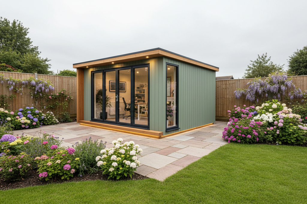 Sage green 6.3x3.6m vertical cladding with warm LEDs