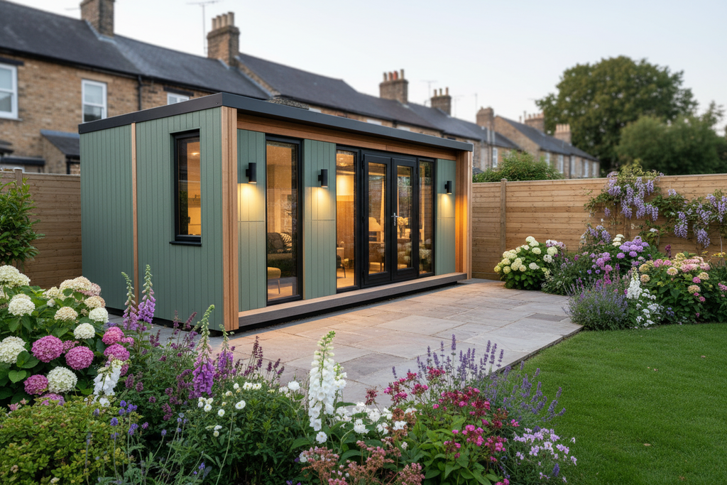 Sage green vertical cladding with warm LED accents