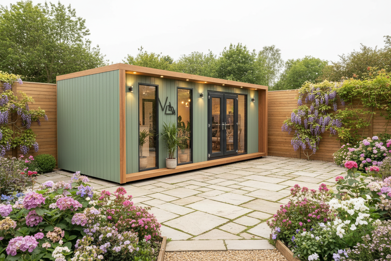 Sage green vertical cladding with warm LED lights