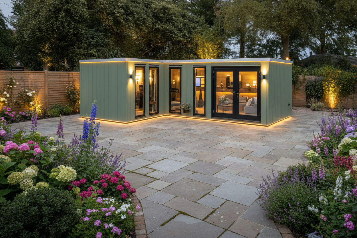 Sage green vertical cladding with warm lighting