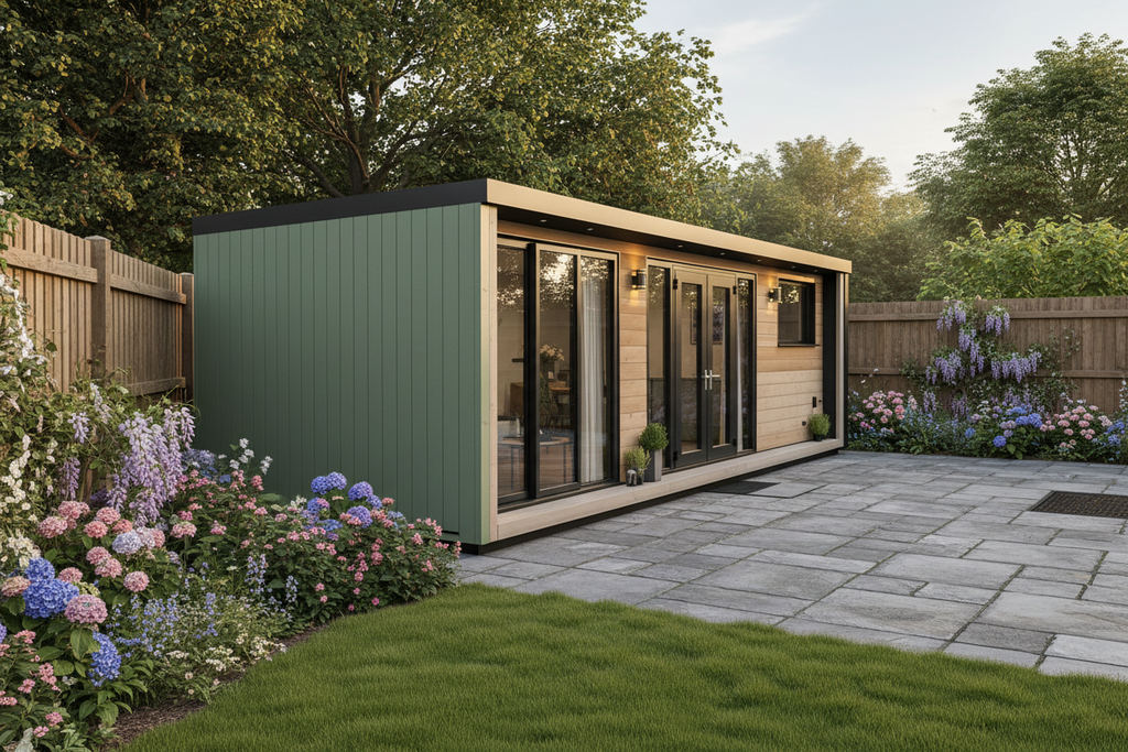 Sage green vertical cladding with warm wall lights