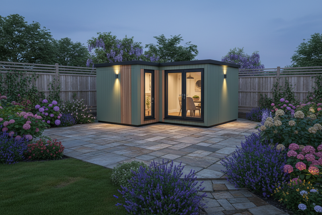 Sage green vertical cladding with warm wall lights