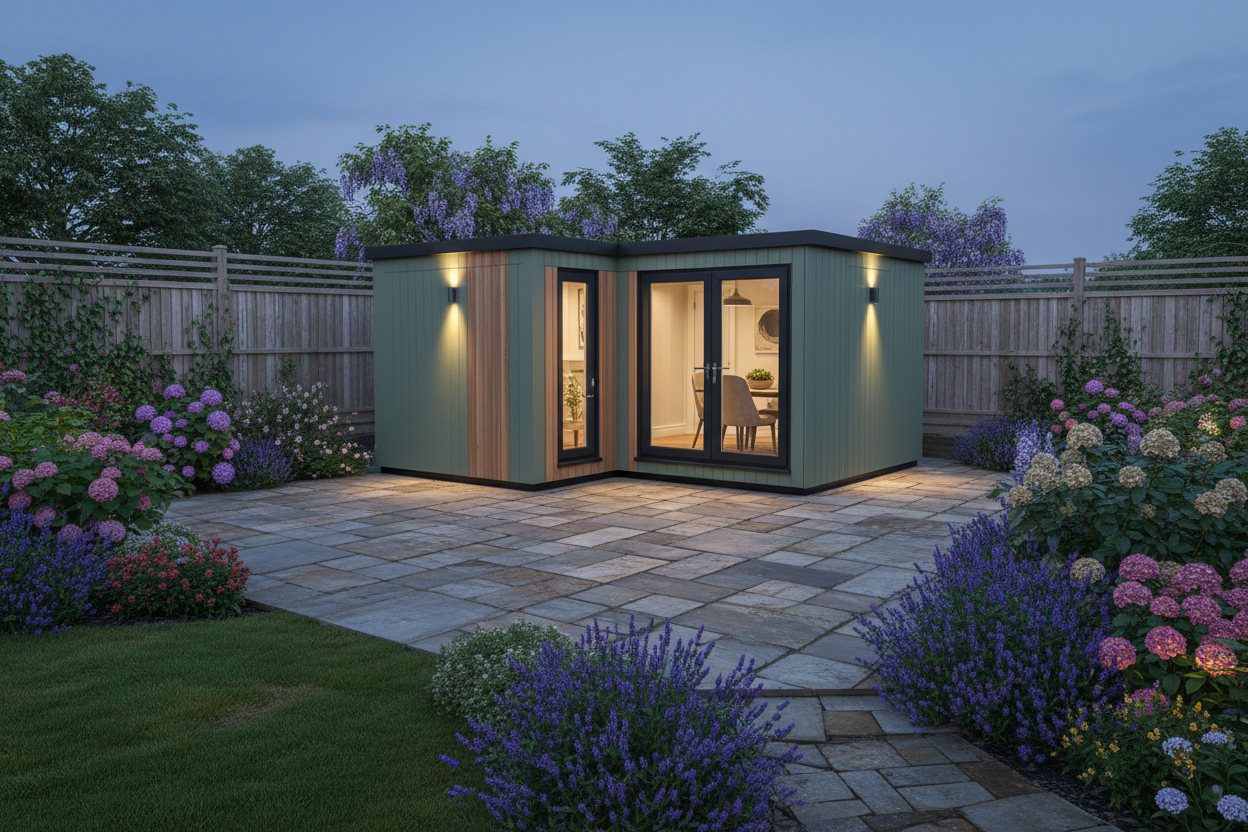 Sage green vertical cladding with warm wall lights