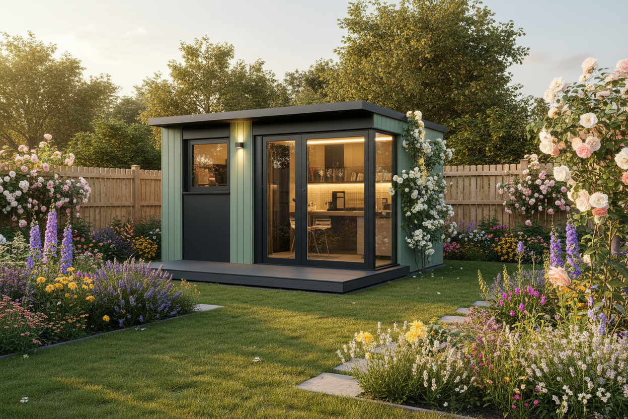 Sage green vertical with oak accents - cottage garden golden hour