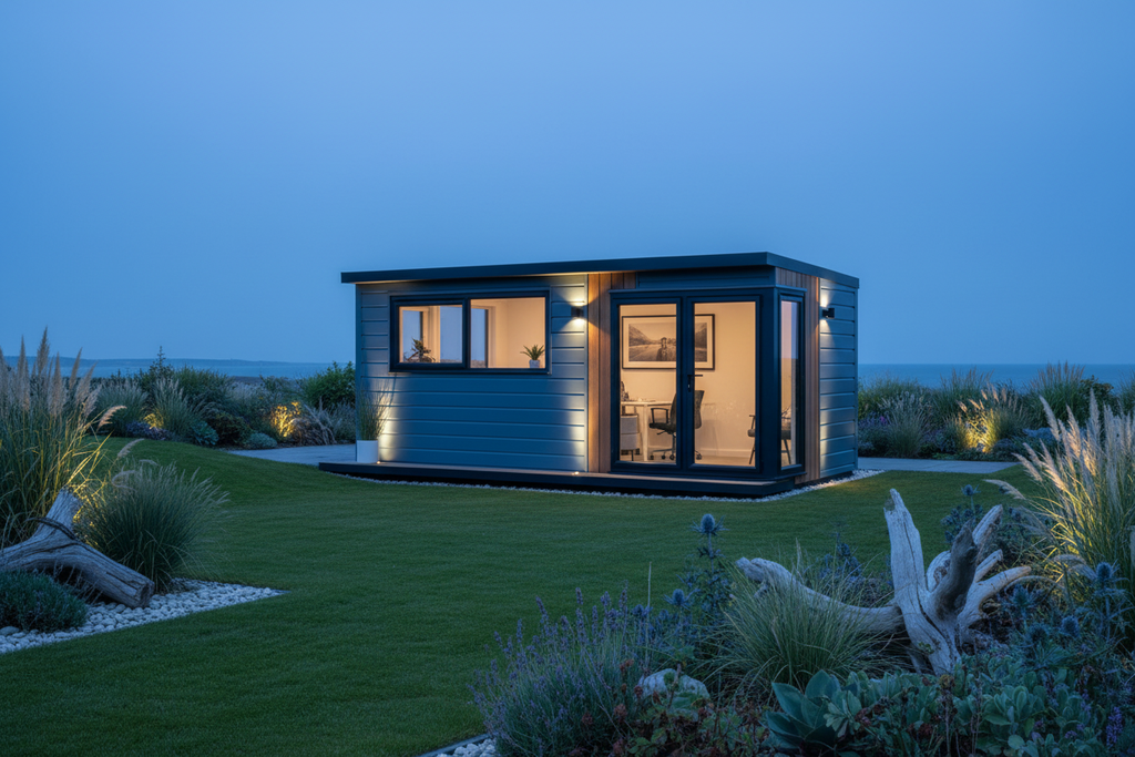 Steel blue & natural wood - coastal garden at dusk
