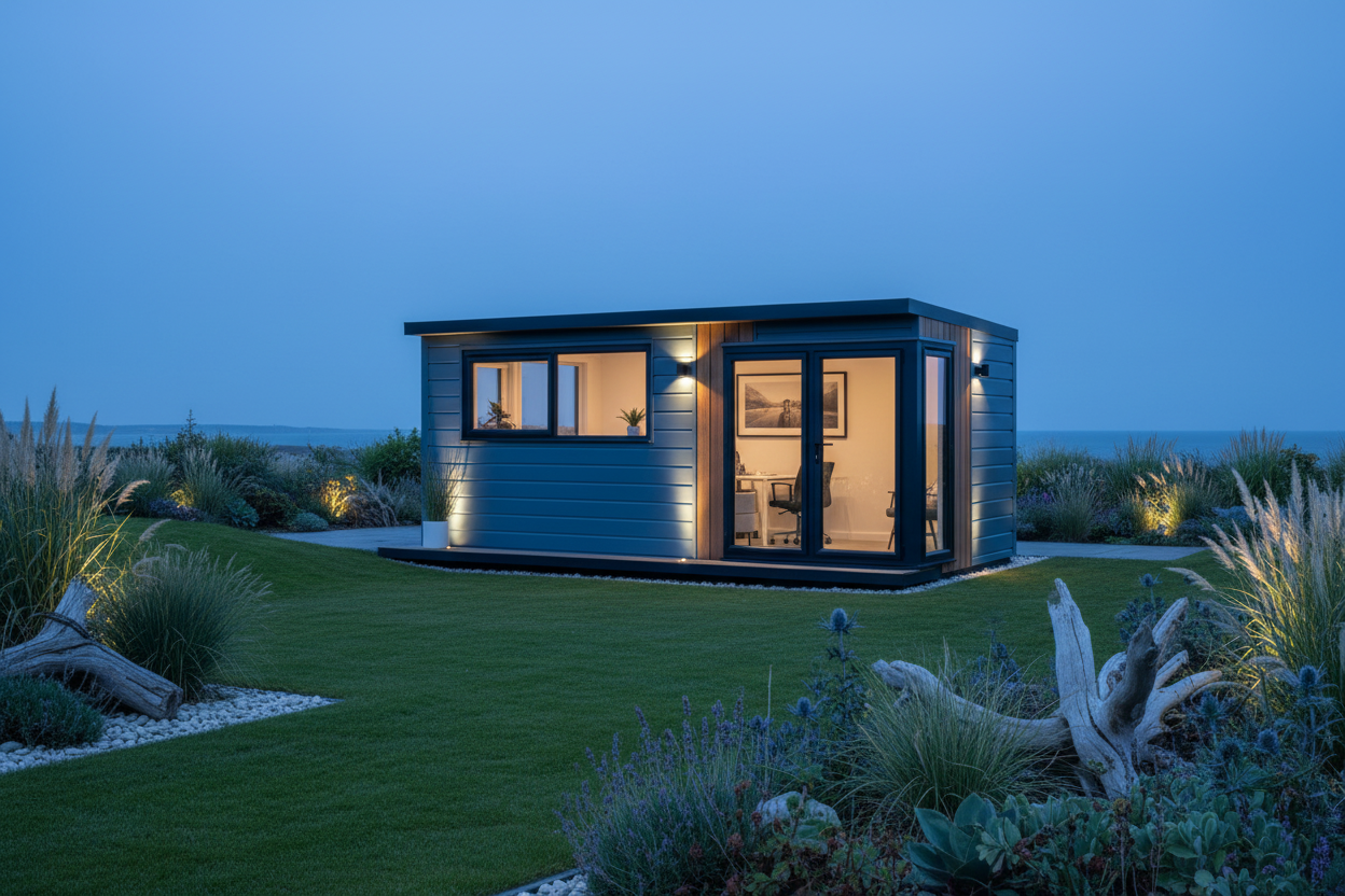 Steel blue & natural wood - coastal garden at dusk