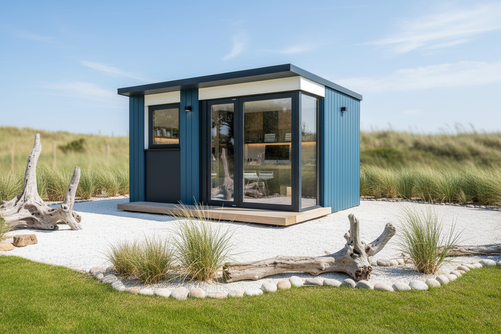 Steel blue & white - coastal beach garden daytime