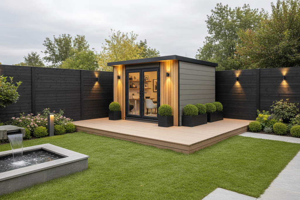 Warm grey 2.6x3.6m - dark stained fencing