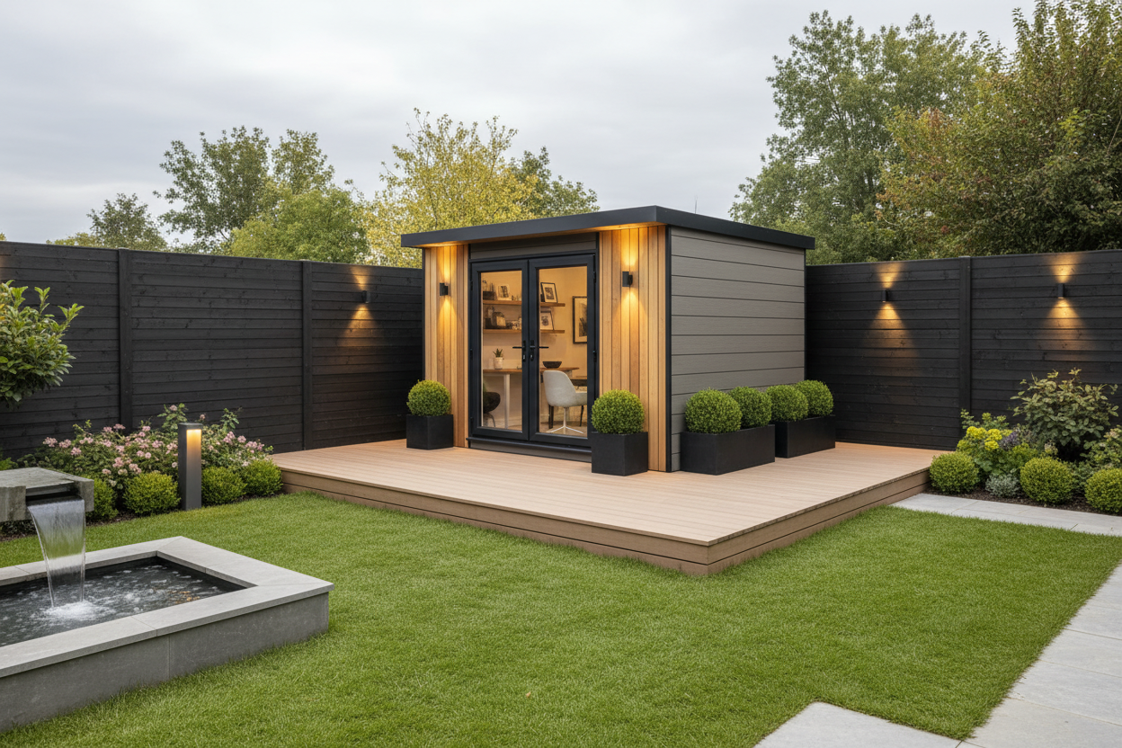 Warm grey 2.6x3.6m - dark stained fencing