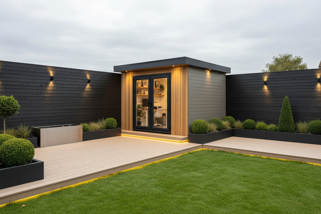 Warm grey 2.6x3m - dark stained fencing