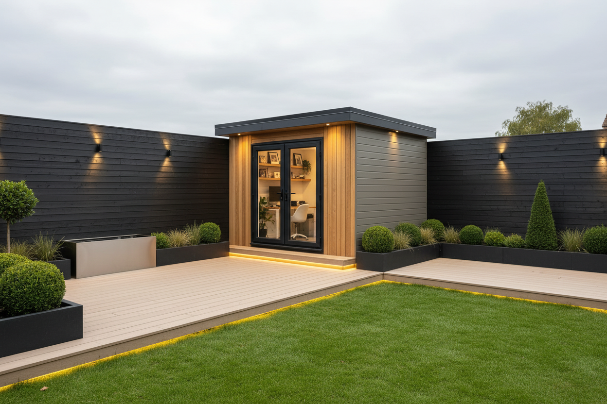 Warm grey 2.6x3m - dark stained fencing