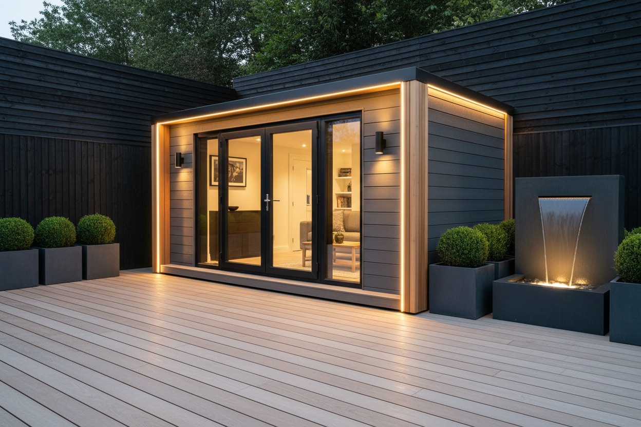 Warm grey 5x3.6m horizontal cladding with integrated LEDs