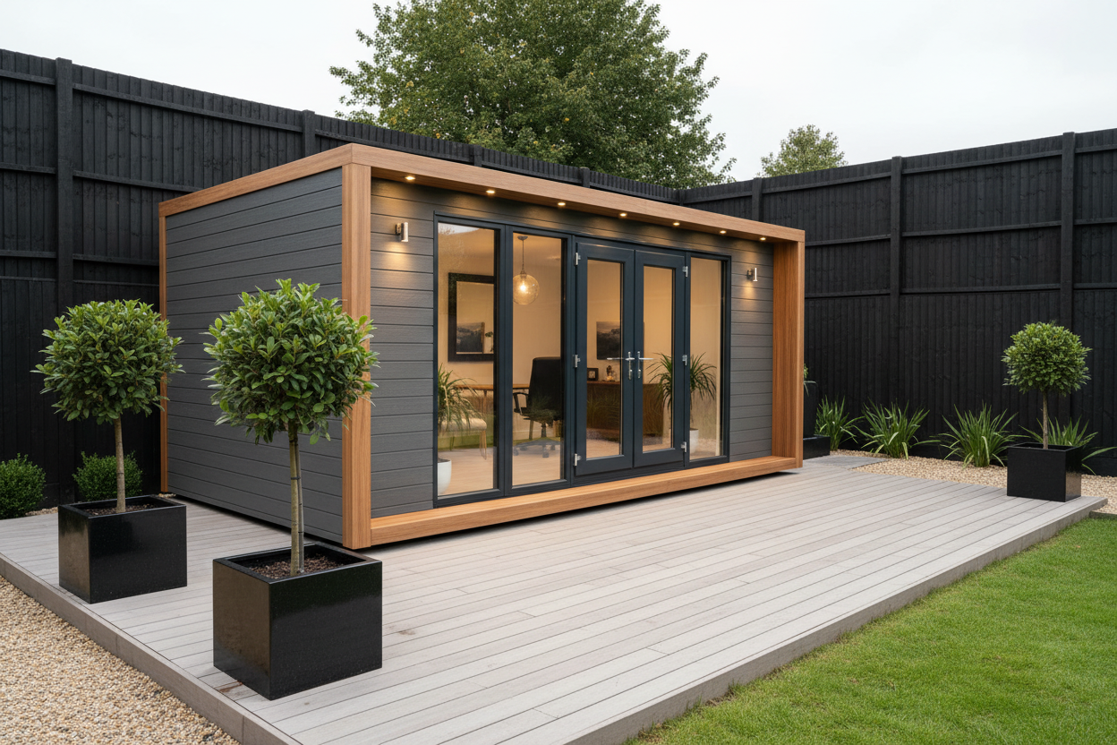 Warm grey 6.3x3.6m horizontal cladding with integrated LEDs