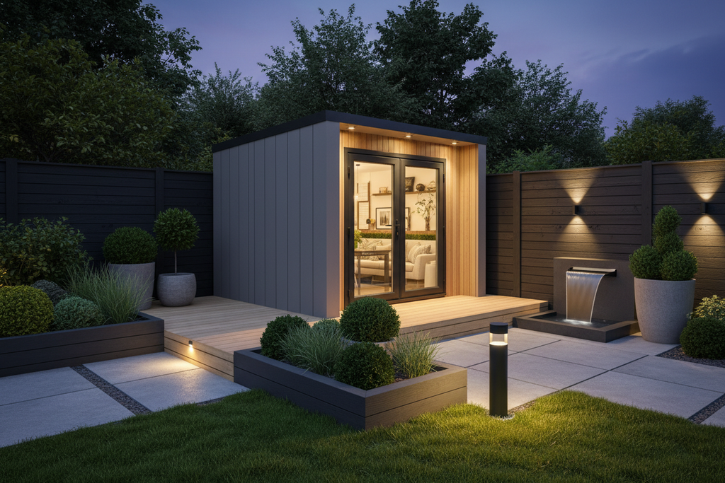 Warm grey - dark stained fencing & light decking