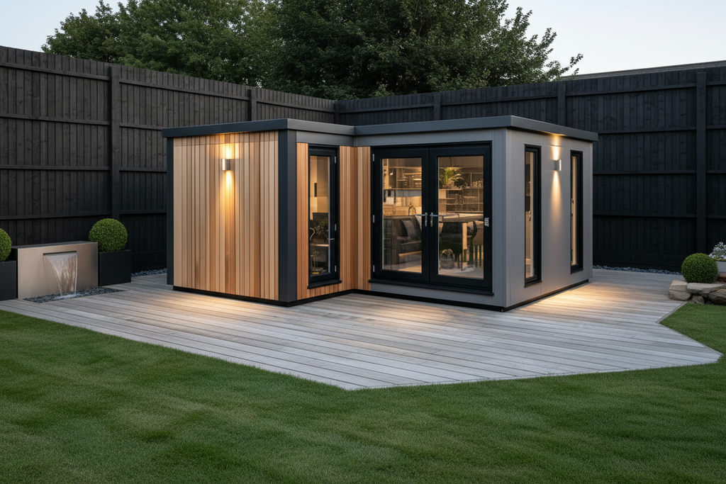Warm grey horizontal cladding with exterior lights