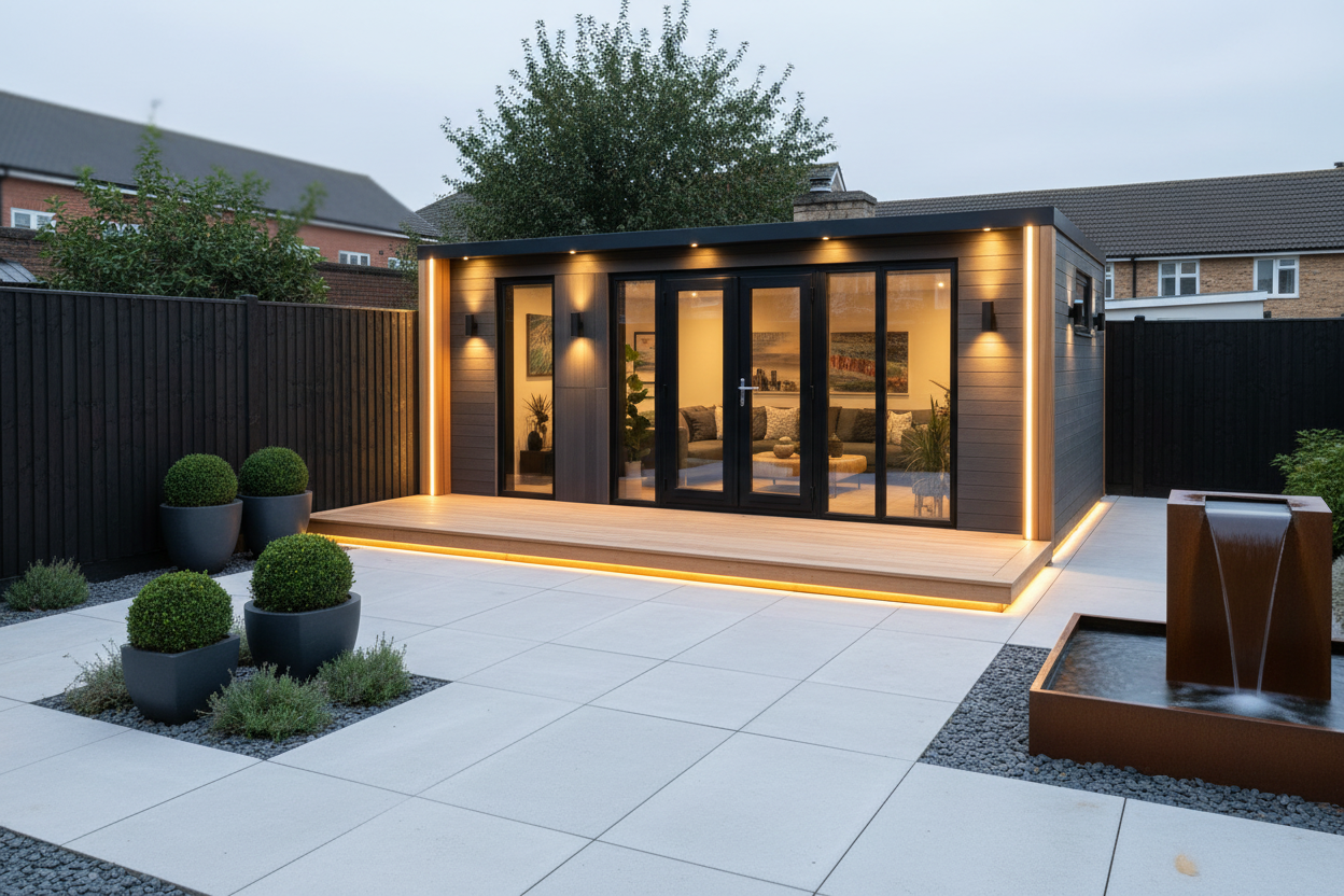 Warm grey horizontal cladding with integrated LED lighting