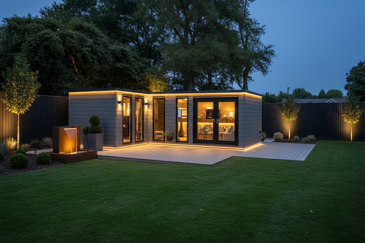 Warm grey horizontal cladding with uplighting