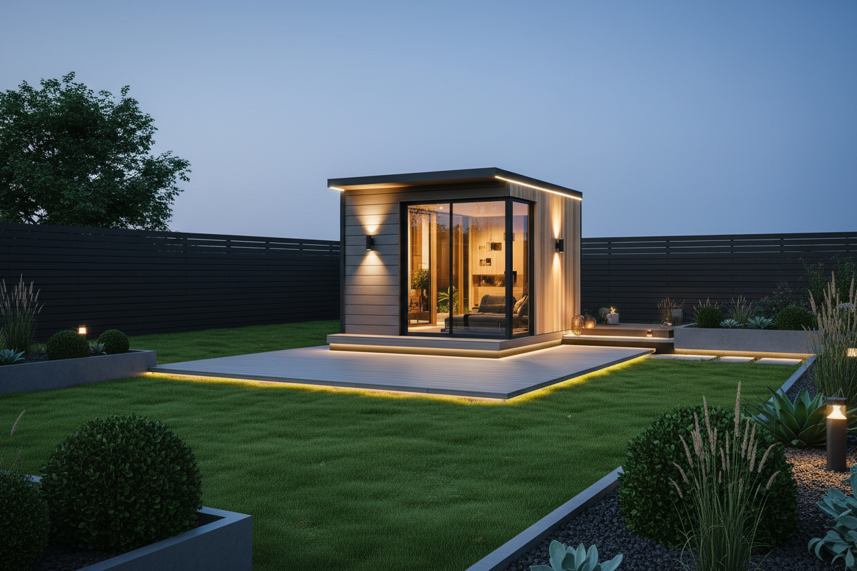 Warm grey horizontal with golden oak & integrated LEDs